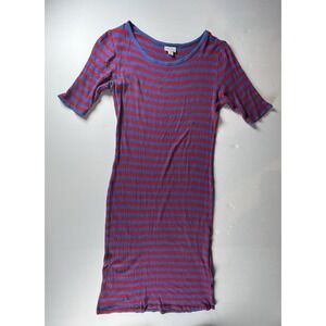 LuLaRoe Julia Red Blue Ribbed Midi Dress Stretch Bodycon Short Sleeve Women SZ M